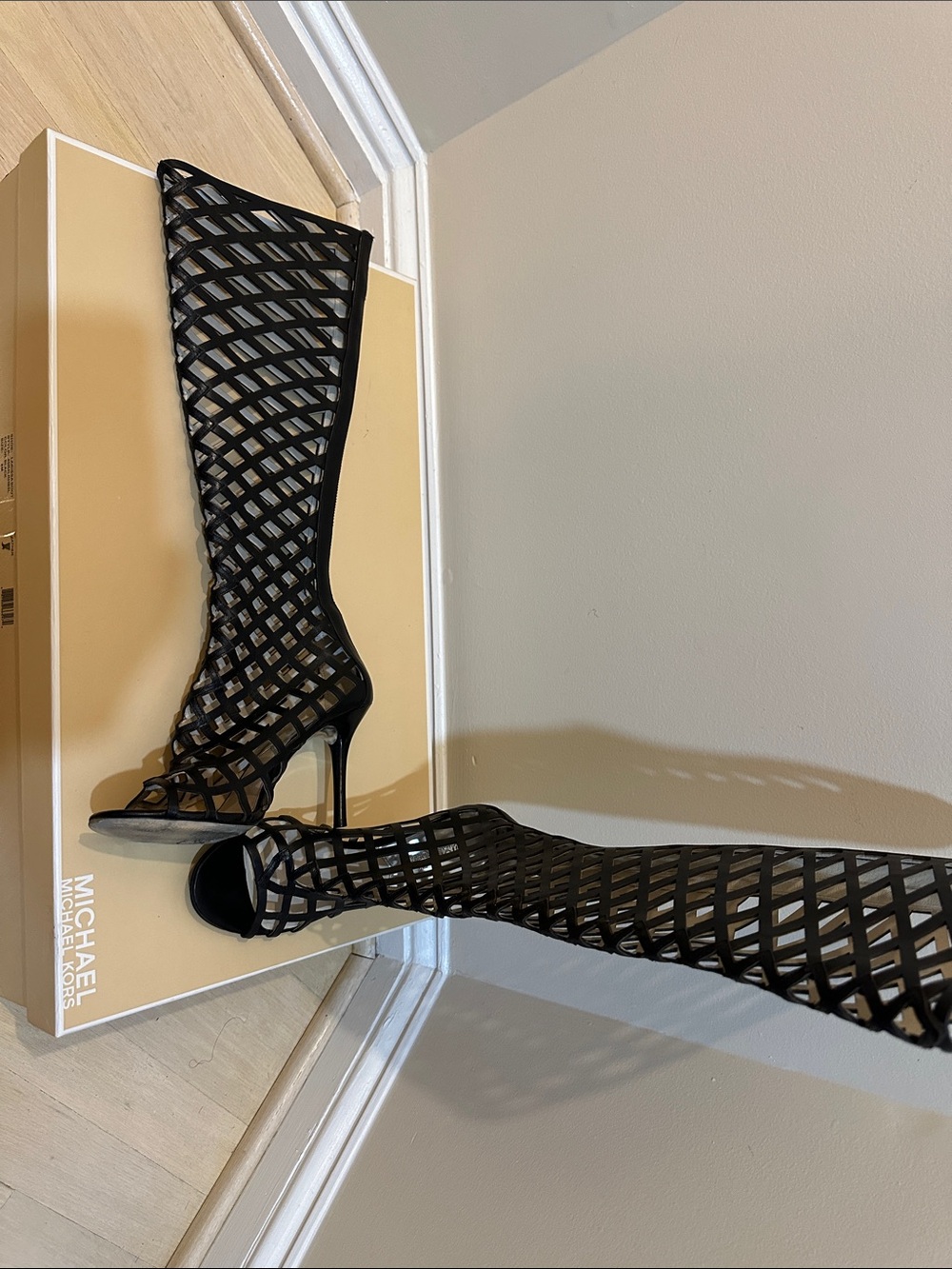 MICHAEL Michael Kors Black Lattice Knee-High Stiletto Boots